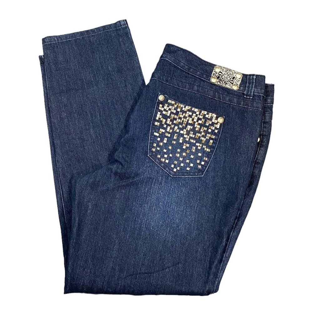Style & Co Jeans Womens 18 Studded Denim Dark Blue High Rise Straight Rockstar